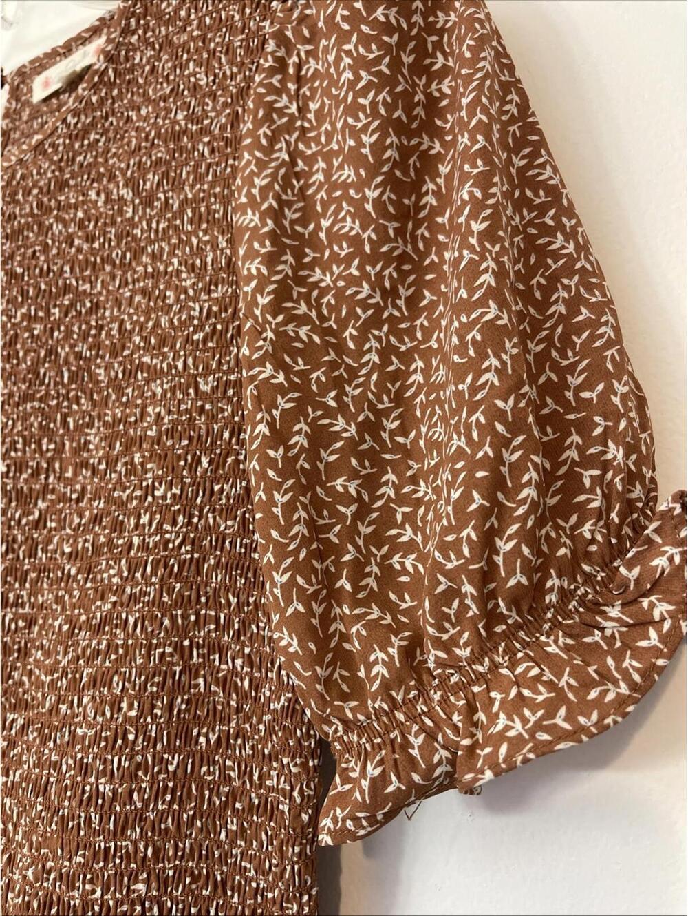Magnolia Womens Medium Brown Floral Pleated Elastic-Waist Ruffled Blouse! A6846 - Picture 5 of 9